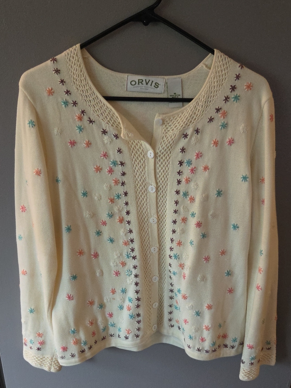 Orvis Cream Floral Embroidered Button Cardigan
